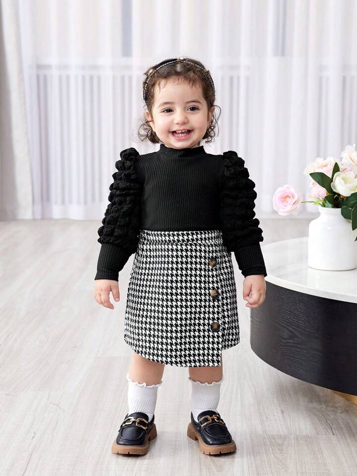 2pcs Baby Girl Knit Patchwork Bubble Sleeve Top And Houndstooth Skirt Set, Autumn/Winter