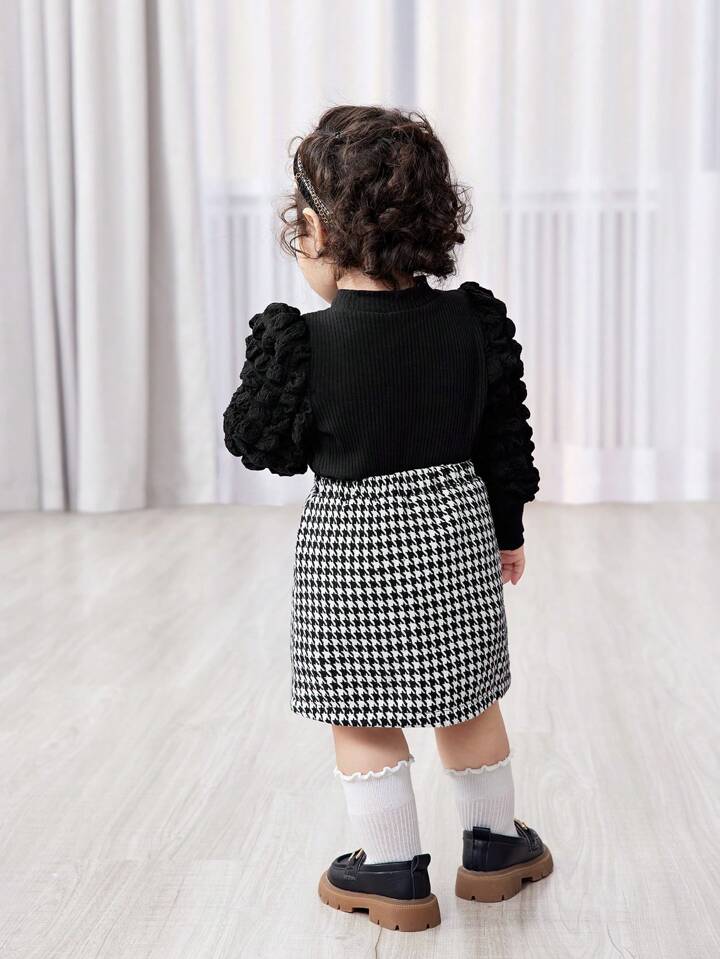 2pcs Baby Girl Knit Patchwork Bubble Sleeve Top And Houndstooth Skirt Set, Autumn/Winter