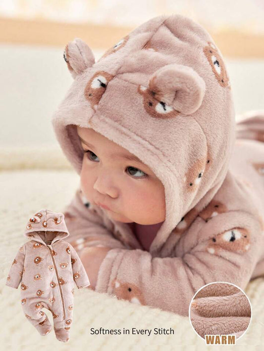 Baby Boy/Girl Cartoon Bear Ear Hooded Long Sleeve Romper With Pants, Thick Thermal Lined