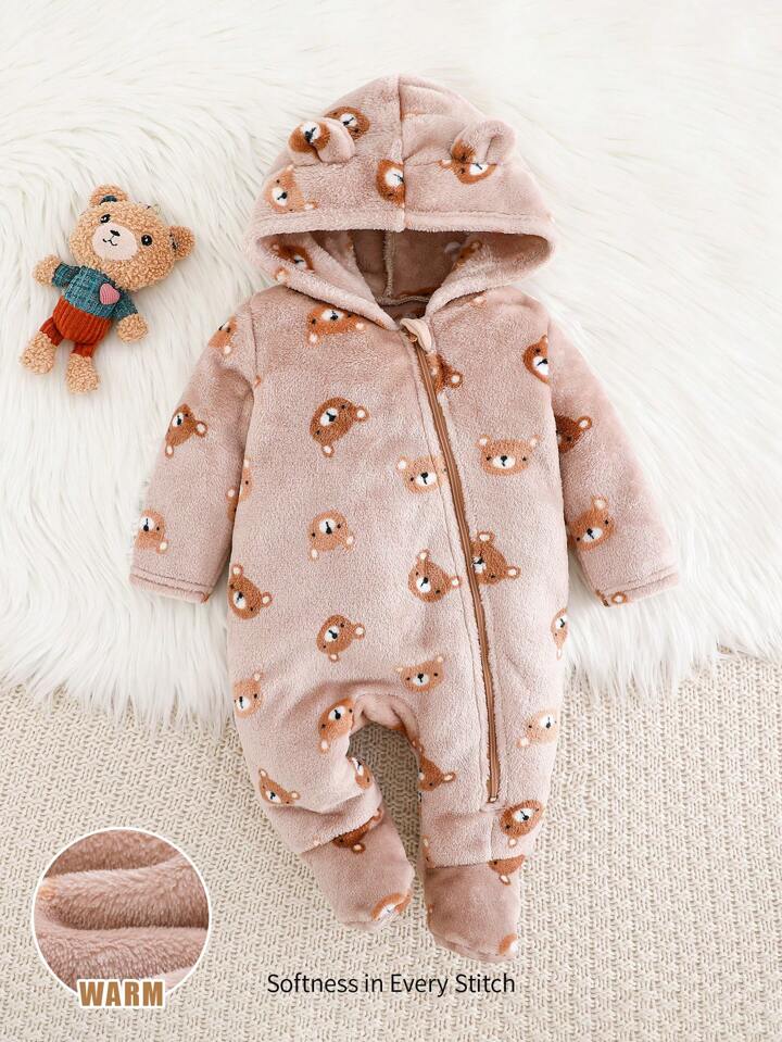 Baby Boy/Girl Cartoon Bear Ear Hooded Long Sleeve Romper With Pants, Thick Thermal Lined