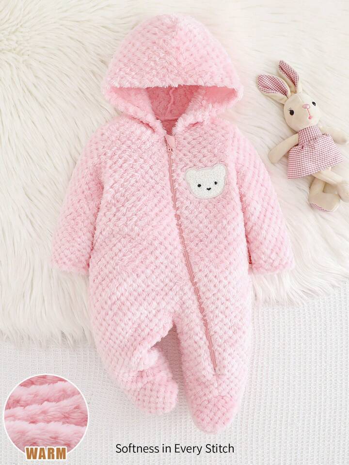 Cartoon Bear Hooded Thick Fleece Long Sleeve Romper.