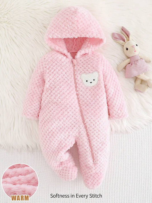 Cartoon Bear Hooded Thick Fleece Long Sleeve Romper.