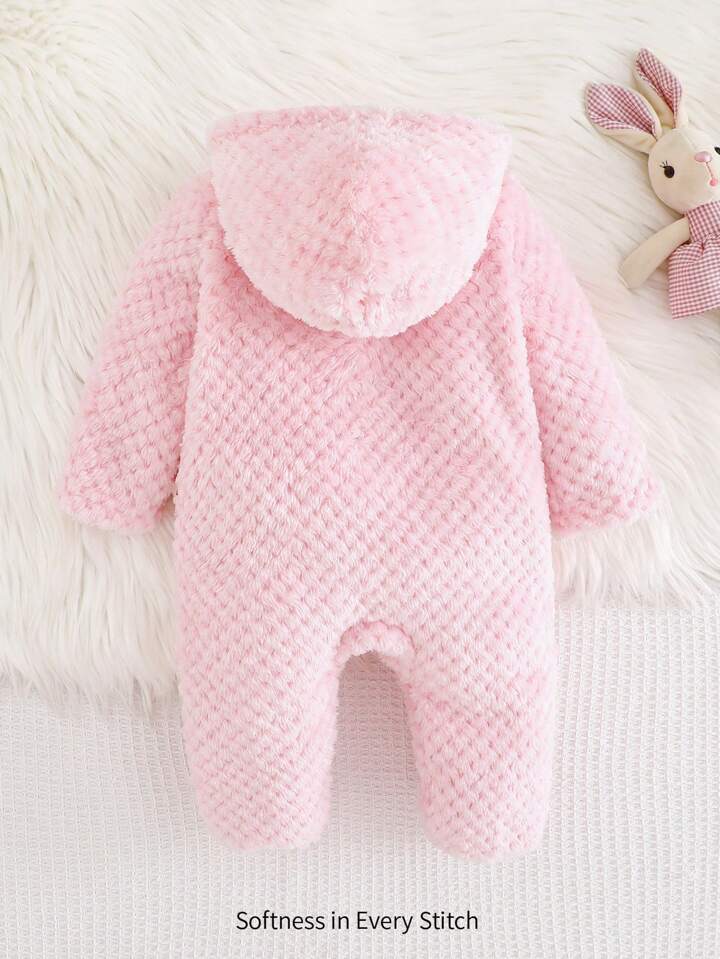 Cartoon Bear Hooded Thick Fleece Long Sleeve Romper.