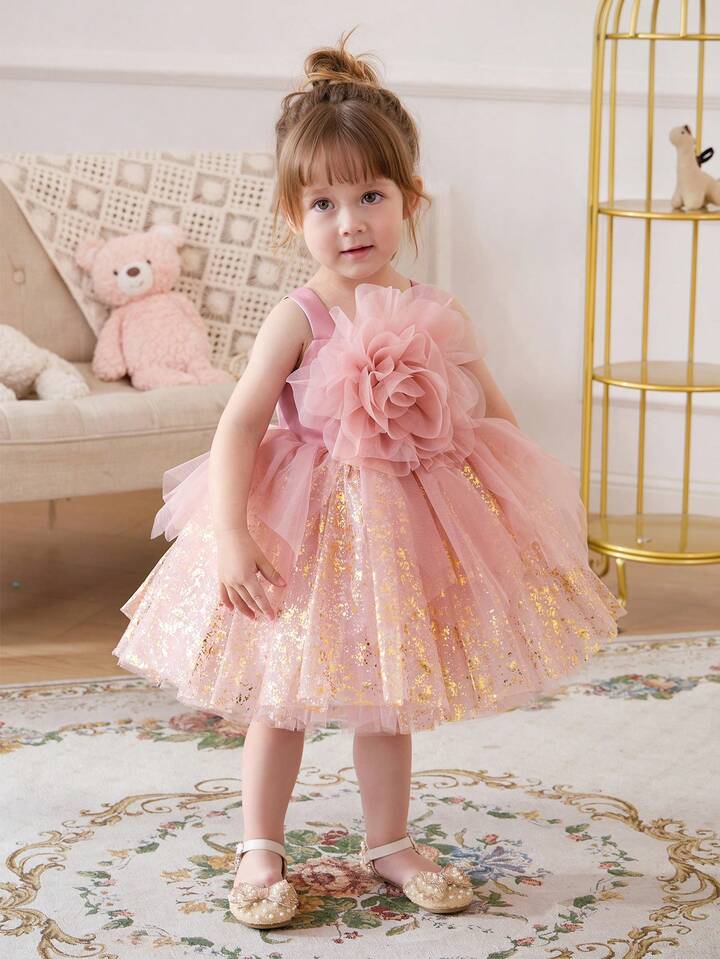 Pink Tulle 3D Floral Gold Sequin Elegant Dress.