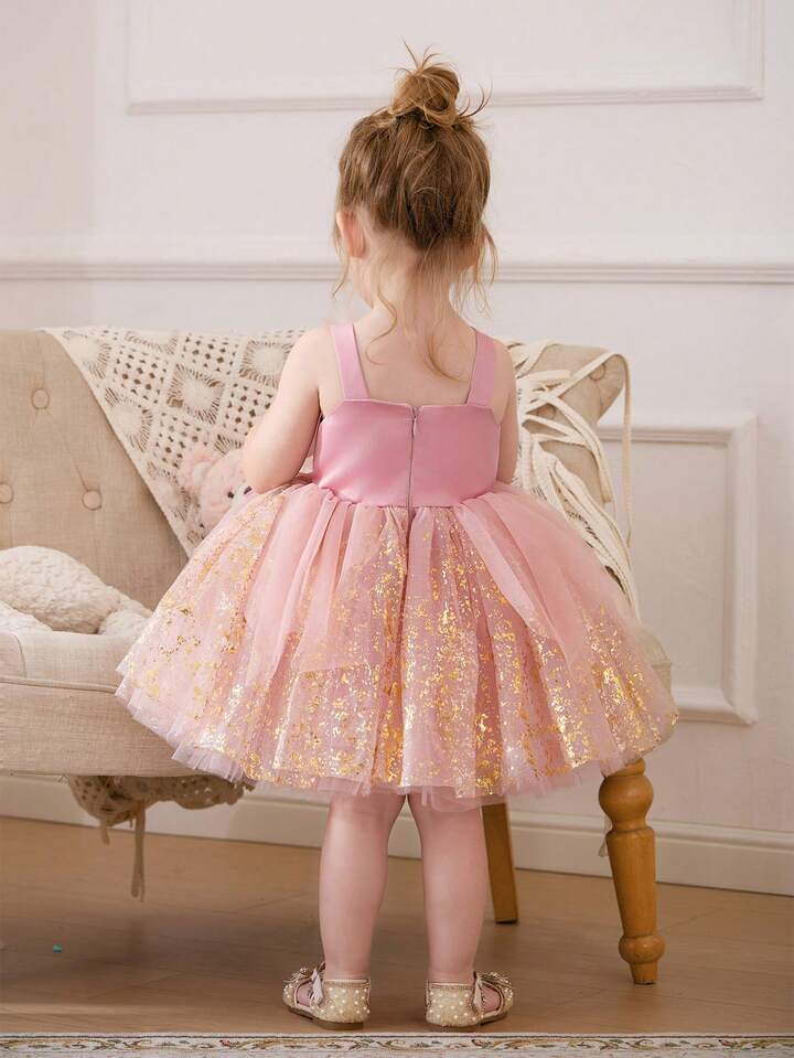 Pink Tulle 3D Floral Gold Sequin Elegant Dress.