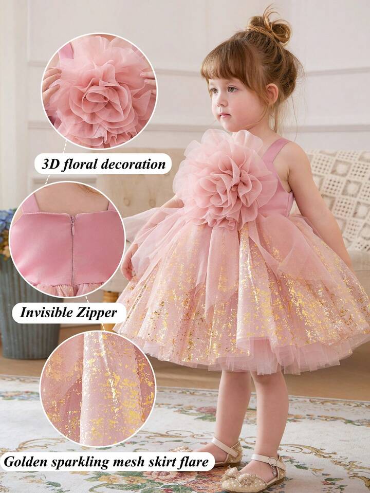 Pink Tulle 3D Floral Gold Sequin Elegant Dress.