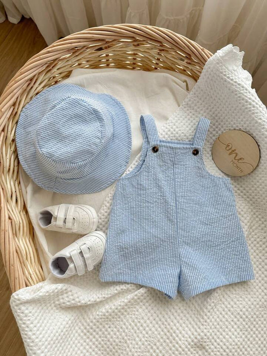 2pcs/Set Baby Boy/Girl Summer Blue & White Striped Bib Overall Shorts With Bucket Hat.