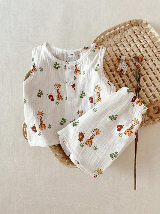 2pcs/Set Baby Boy Round Neck Button Short Sleeve Top & Deer Print Shorts Set, Cute Casual Outfit For Spring/Summer.