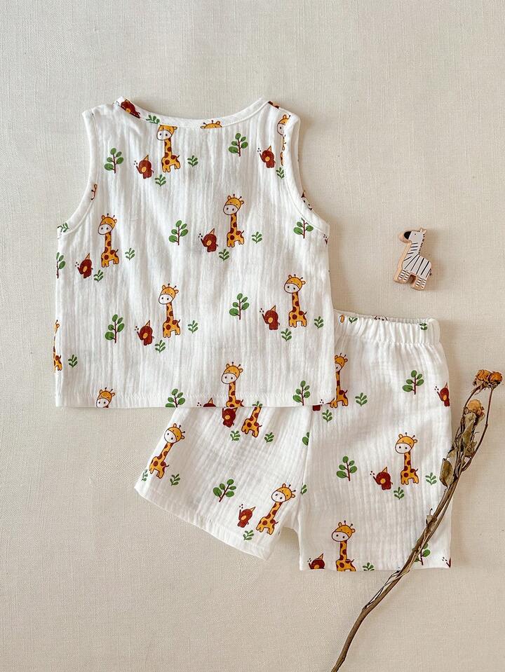 2pcs/Set Baby Boy Round Neck Button Short Sleeve Top & Deer Print Shorts Set, Cute Casual Outfit For Spring/Summer.