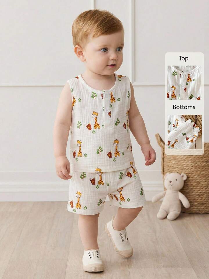 2pcs/Set Baby Boy Round Neck Button Short Sleeve Top & Deer Print Shorts Set, Cute Casual Outfit For Spring/Summer.