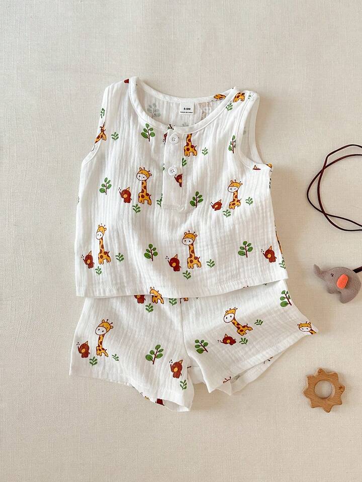 2pcs/Set Baby Boy Round Neck Button Short Sleeve Top & Deer Print Shorts Set, Cute Casual Outfit For Spring/Summer.