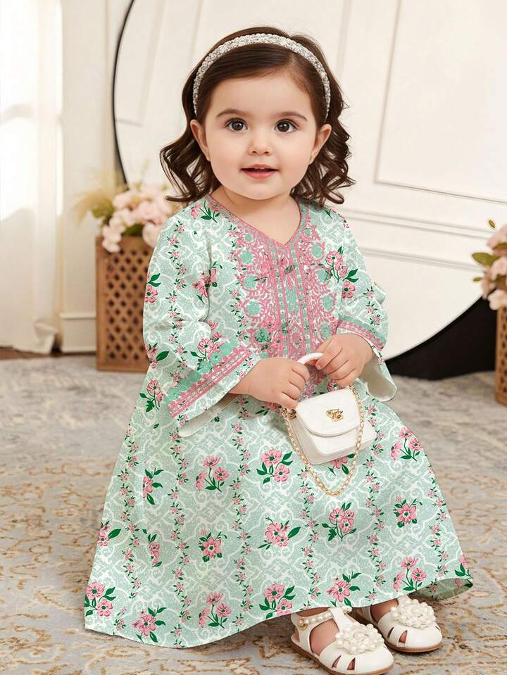 Green Floral Baby Girl Jalabiya Dress.