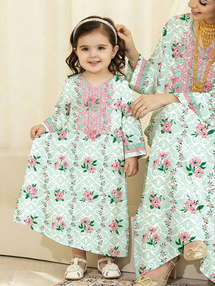 Green Floral Baby Girl Jalabiya Dress.