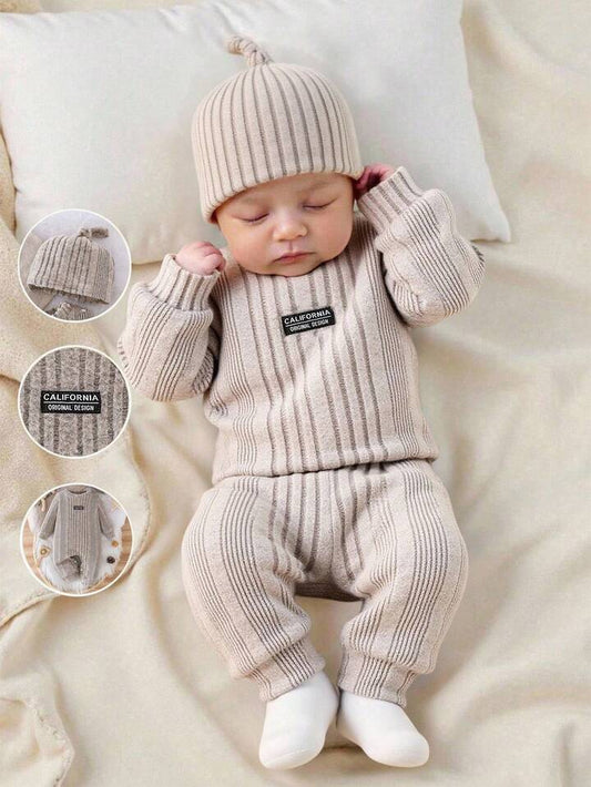 Ribbed Knit Casual Long Sleeve Romper With Adorable Hat (2 Pc)