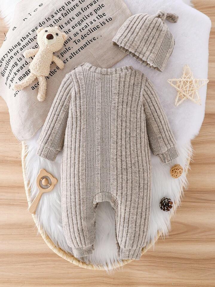 Ribbed Knit Casual Long Sleeve Romper With Adorable Hat (2 Pc)