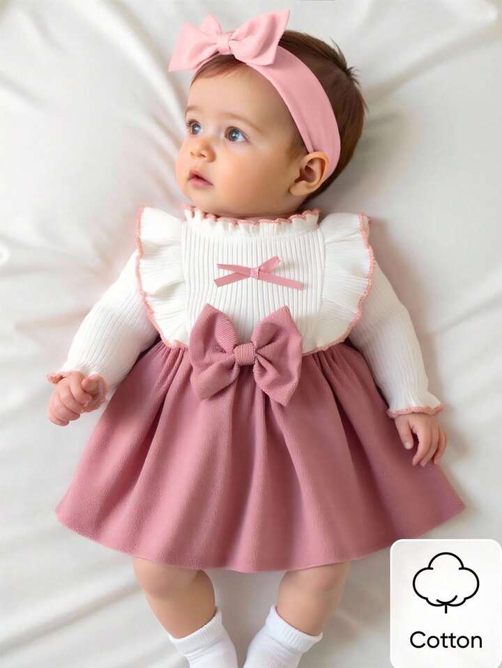 Baby Girl White Long Sleeved Lace Collar Patchwork Pink Bow Dress Autumn And Winter.
