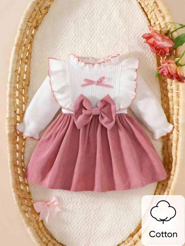 Baby Girl White Long Sleeved Lace Collar Patchwork Pink Bow Dress Autumn And Winter.