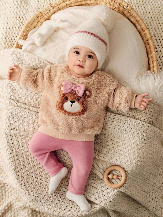 Baby Girl Fleece-Lined Thick Cartoon Bear Embroidered Bow Decor Round Neck Plush Sweatshirt & Elastic Waist Pants 2Pcs Set.