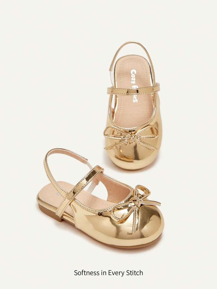 Gold Party Cute Bow Decor Mule Flats, Princess Style Flat Shoes.