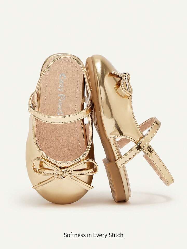 Gold Party Cute Bow Decor Mule Flats, Princess Style Flat Shoes.