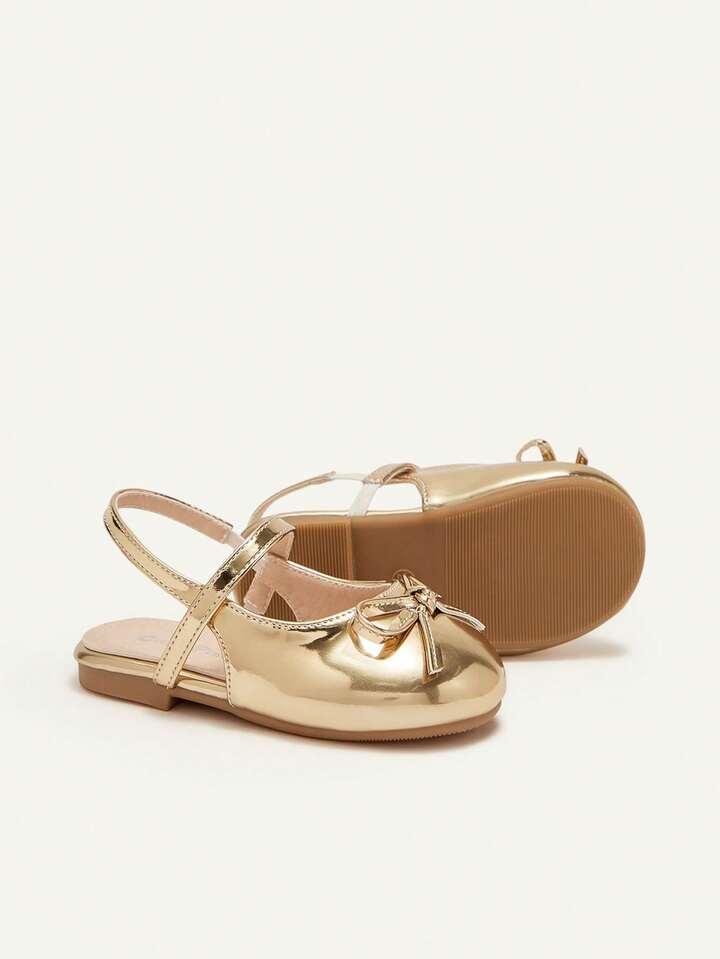 Gold Party Cute Bow Decor Mule Flats, Princess Style Flat Shoes.