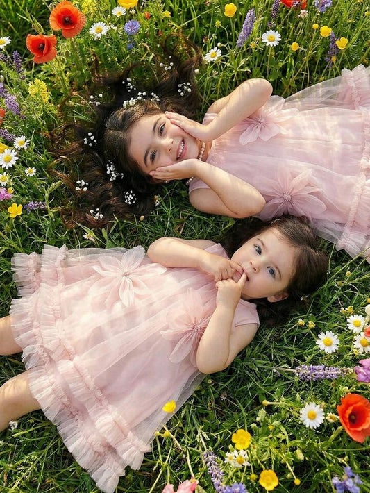 Summer Cute Style 3D Floral Decor Ruffle Hem Sleeveless Mesh Dress.