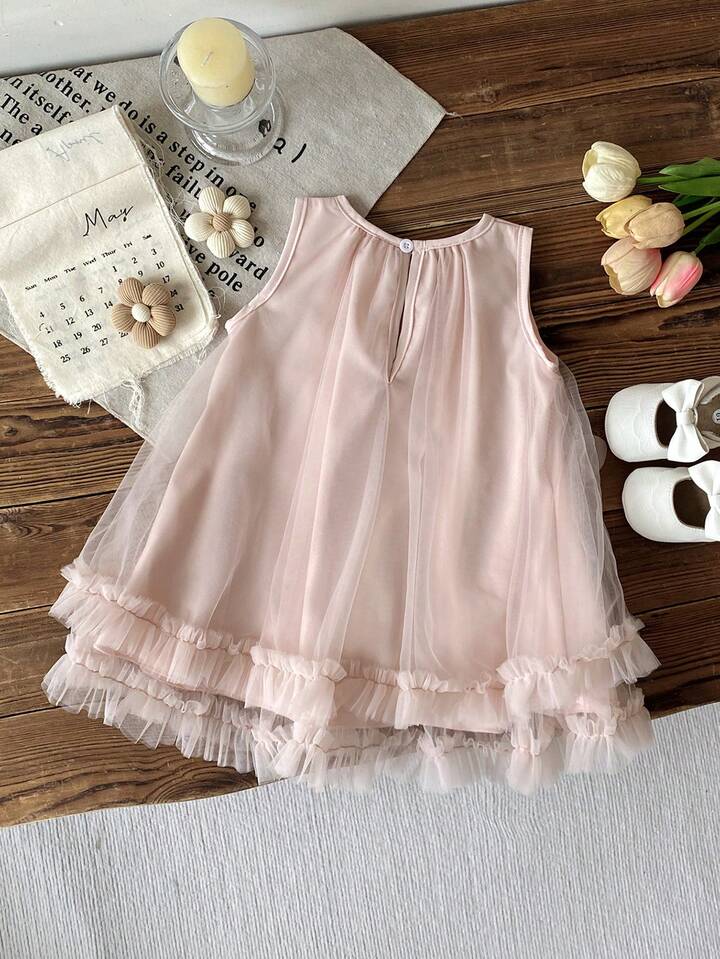 Summer Cute Style 3D Floral Decor Ruffle Hem Sleeveless Mesh Dress.