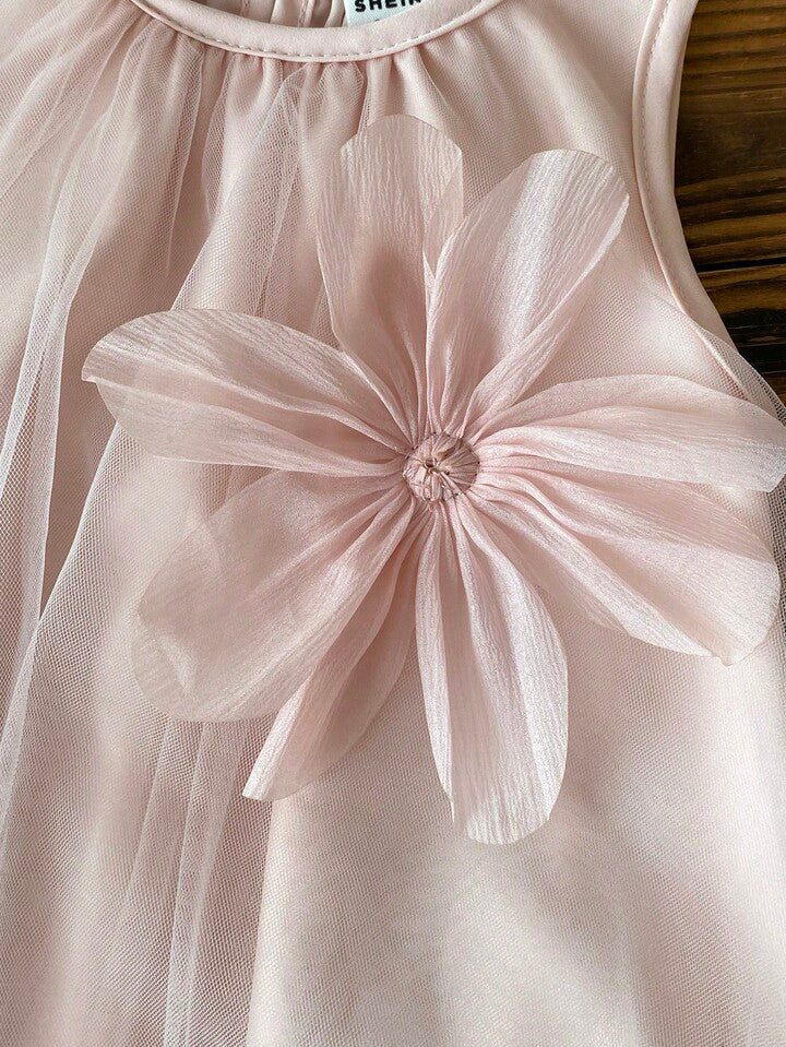 Summer Cute Style 3D Floral Decor Ruffle Hem Sleeveless Mesh Dress.