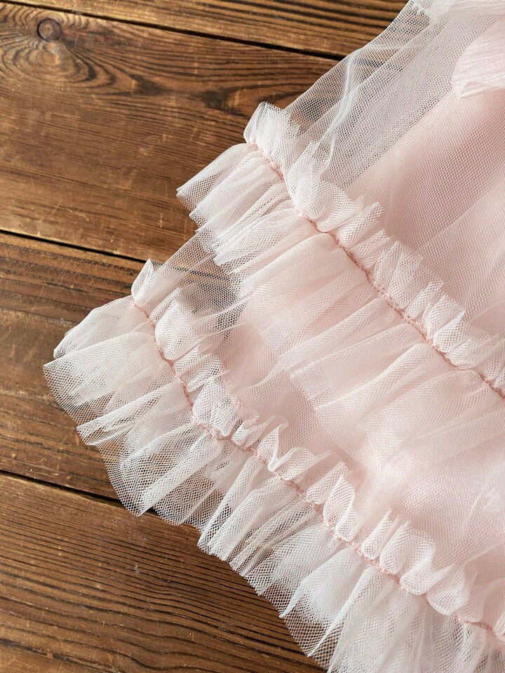 Summer Cute Style 3D Floral Decor Ruffle Hem Sleeveless Mesh Dress.