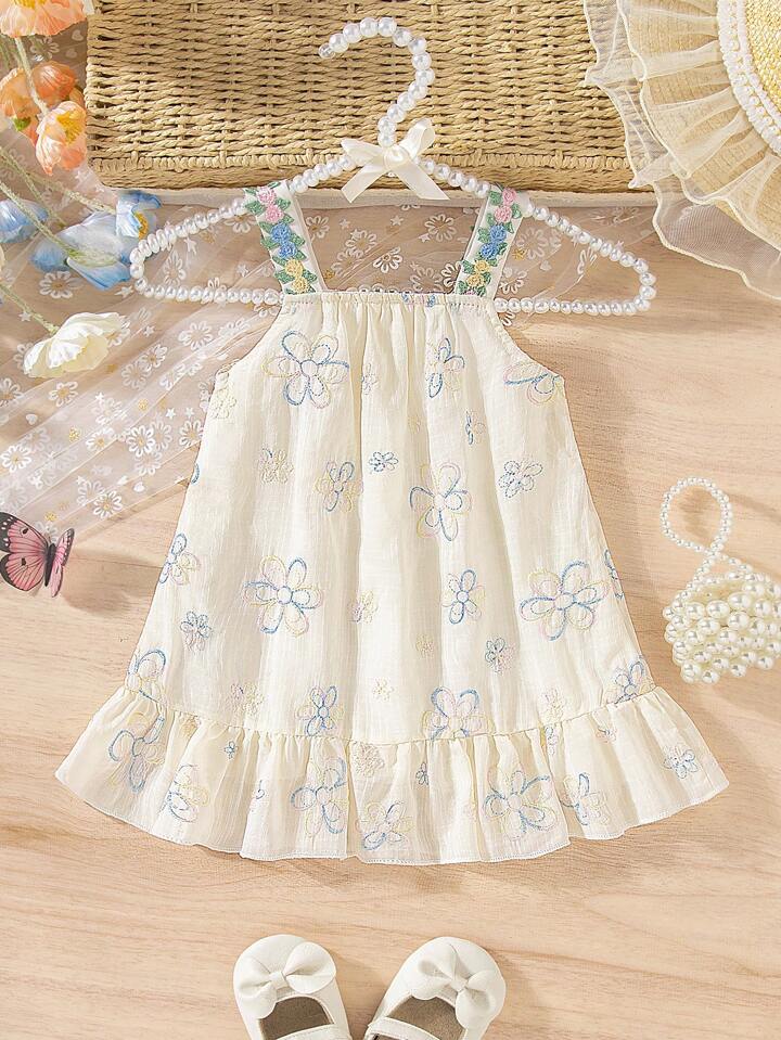 Baby Girl Floral Bohemian Style Cute Strap Mesh Dress, Suitable For Vacation, Outing, Summer