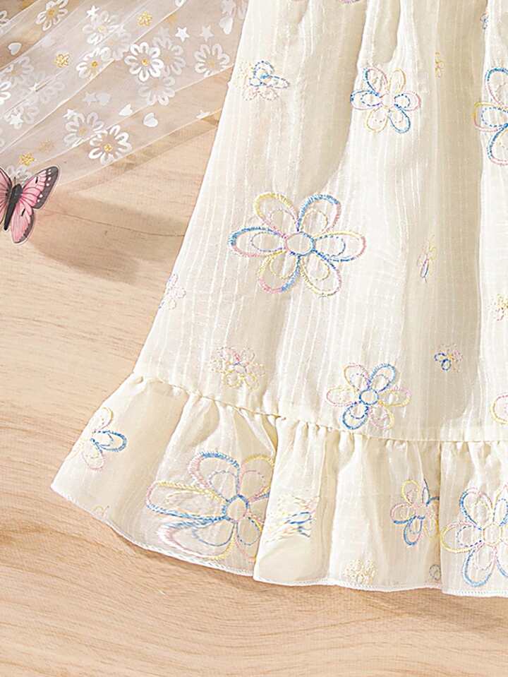 Baby Girl Floral Bohemian Style Cute Strap Mesh Dress, Suitable For Vacation, Outing, Summer