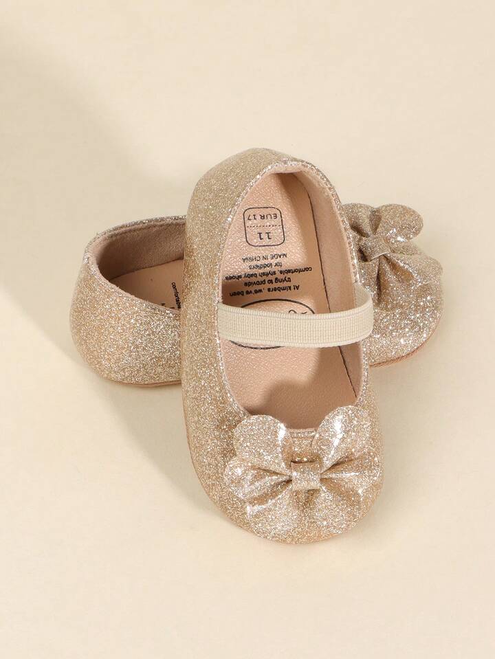 Pair Of Girls' Slip-On Princess Shoes With Bowknot Design, Flat, Non-Slip.