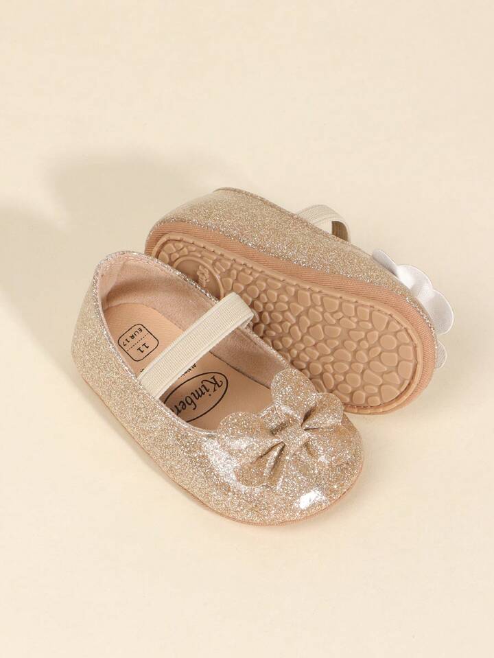 Pair Of Girls' Slip-On Princess Shoes With Bowknot Design, Flat, Non-Slip.