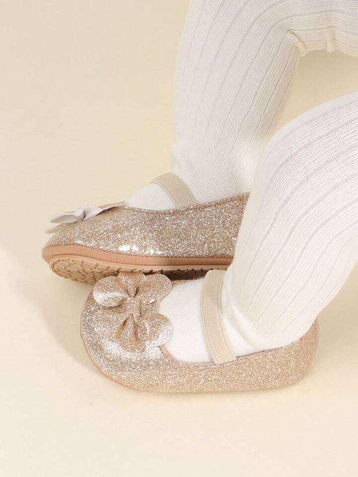 Pair Of Girls' Slip-On Princess Shoes With Bowknot Design, Flat, Non-Slip.