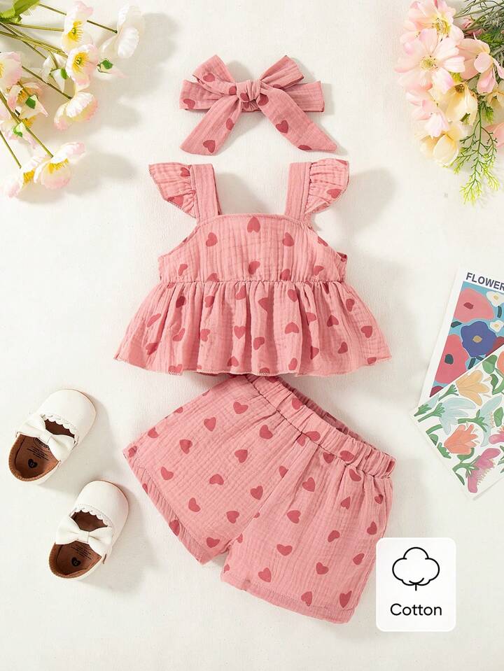 Girl Spaghetti Strap Crop Top With Bowknot And Shorts Set, Casual & Fashionable Style For Summer