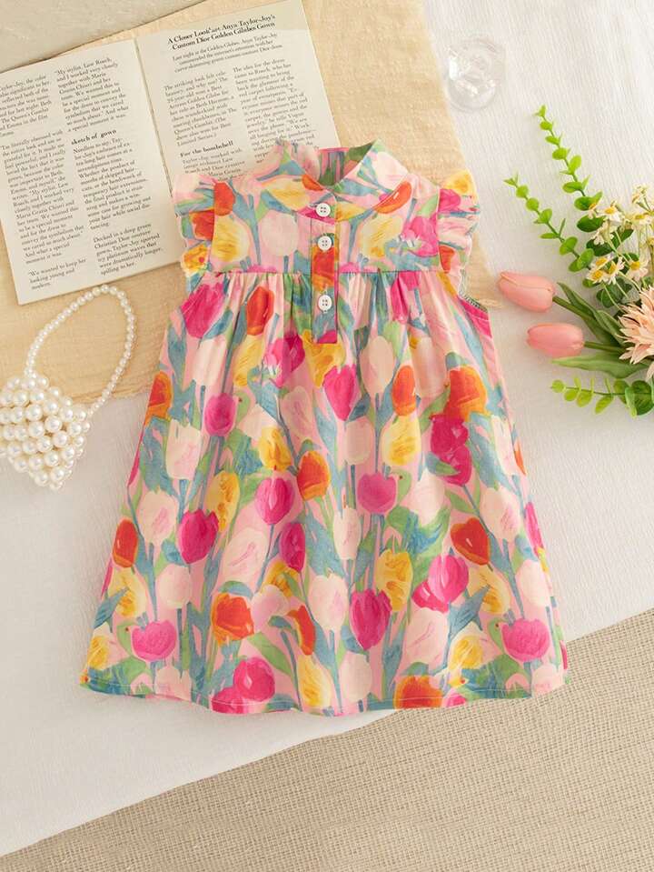 Baby Girl Summer New Style Cap Sleeve Allover Print Dress, Baby Girl Crew Neck Artwork Princess Dress