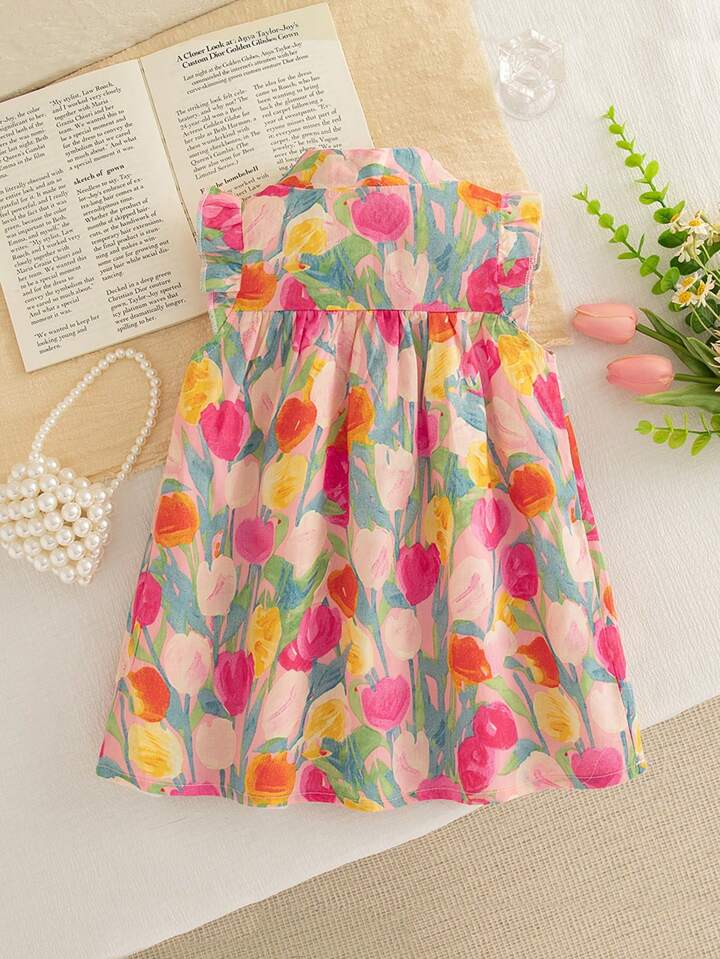 Baby Girl Summer New Style Cap Sleeve Allover Print Dress, Baby Girl Crew Neck Artwork Princess Dress
