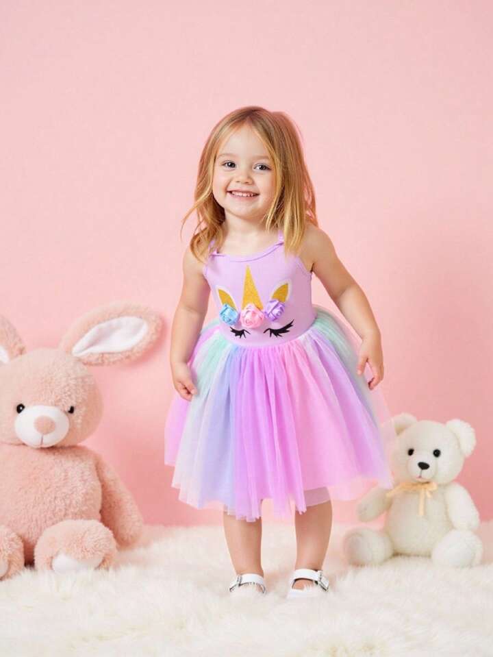 Whimsical Cute Unicorn Multicolor Dopamine Rainbow Tulle Dress