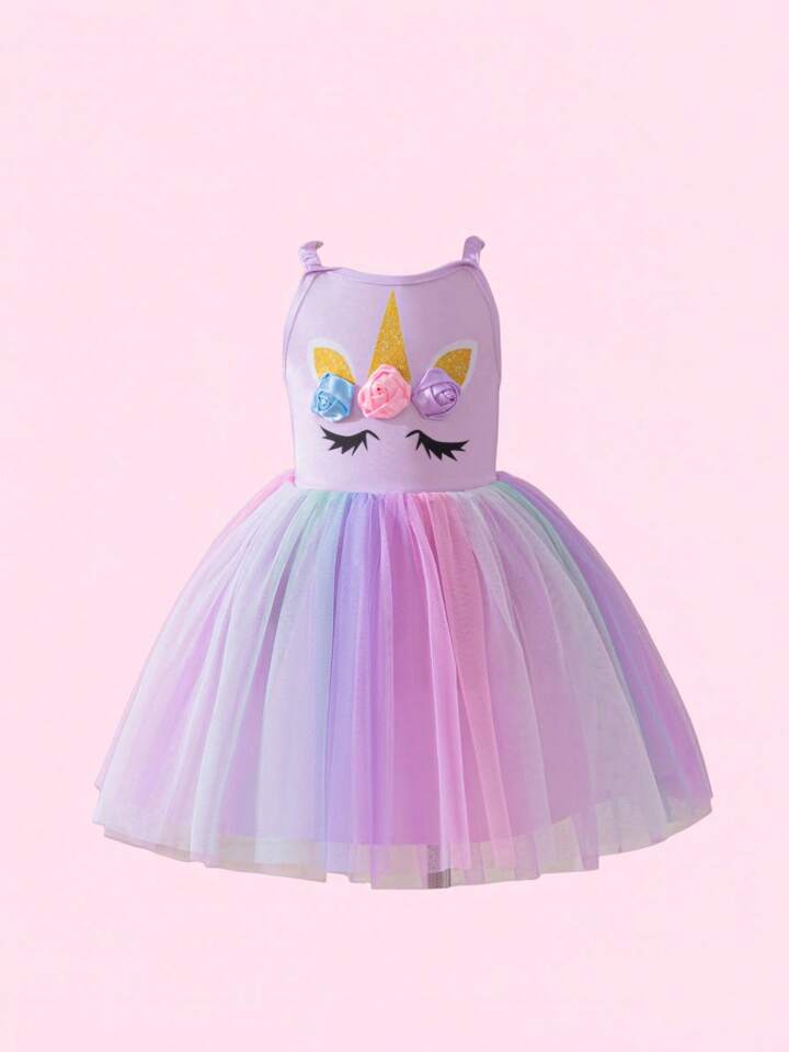 Whimsical Cute Unicorn Multicolor Dopamine Rainbow Tulle Dress