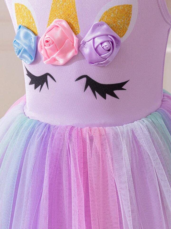 Whimsical Cute Unicorn Multicolor Dopamine Rainbow Tulle Dress