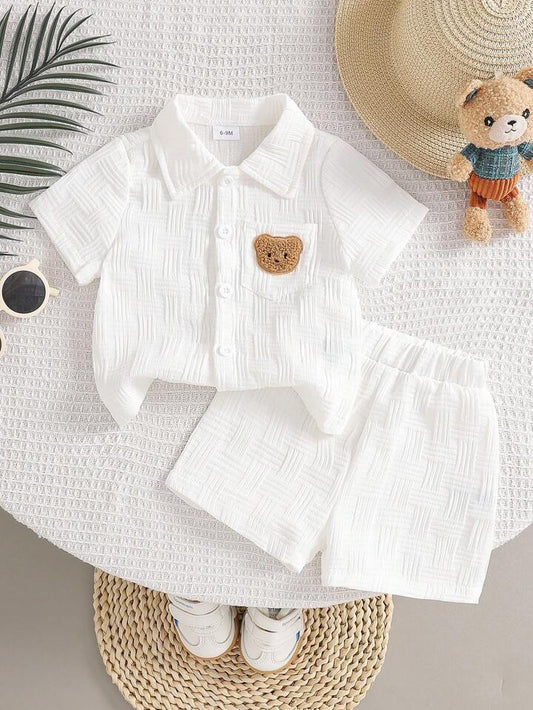2pcs Baby Boy Textured Pocket Bear Embroidery Shirt & Shorts Street Fashion Children Set
