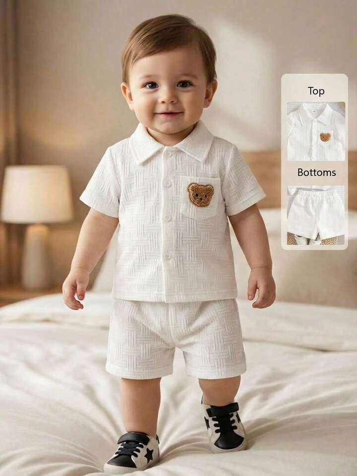 2pcs Baby Boy Textured Pocket Bear Embroidery Shirt & Shorts Street Fashion Children Set