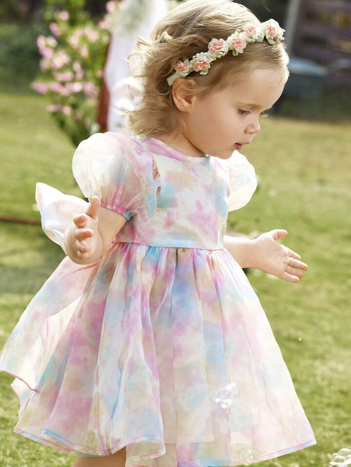 Cute & Elegant Princess Dress, Colorful Organza Bow Short Sleeve Dress, Formal Outfit