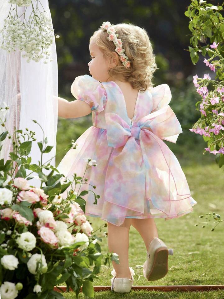 Cute & Elegant Princess Dress, Colorful Organza Bow Short Sleeve Dress, Formal Outfit