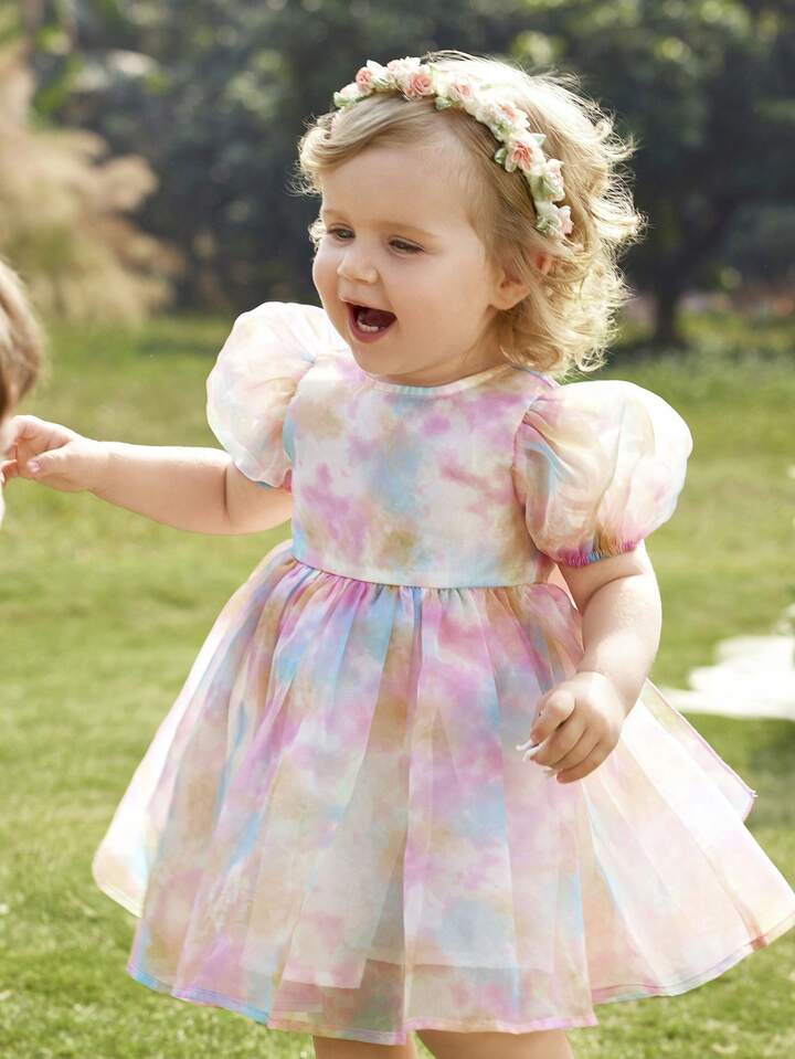 Cute & Elegant Princess Dress, Colorful Organza Bow Short Sleeve Dress, Formal Outfit