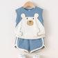 2pcs Baby Boy Cartoon Bear Pattern Splice Round Neck Sleeveless Top & Elastic Waist Shorts Set