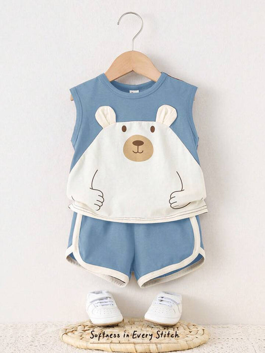 2pcs Baby Boy Cartoon Bear Pattern Splice Round Neck Sleeveless Top & Elastic Waist Shorts Set
