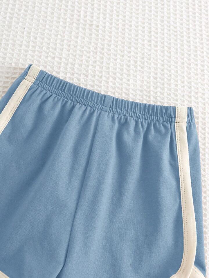 2pcs Baby Boy Cartoon Bear Pattern Splice Round Neck Sleeveless Top & Elastic Waist Shorts Set