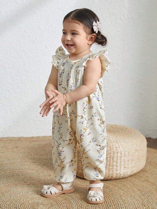 Girl Knitted Floral Pattern Soft Round Neck Sleeveless Jumpsuit With Ruffled Waistband.