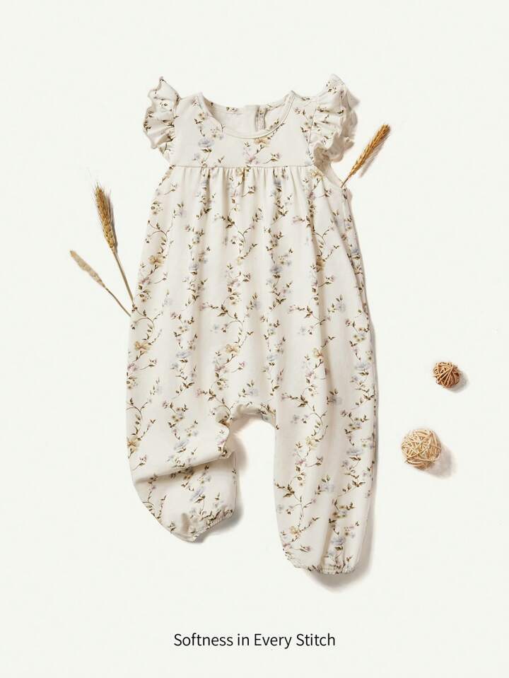 Girl Knitted Floral Pattern Soft Round Neck Sleeveless Jumpsuit With Ruffled Waistband.